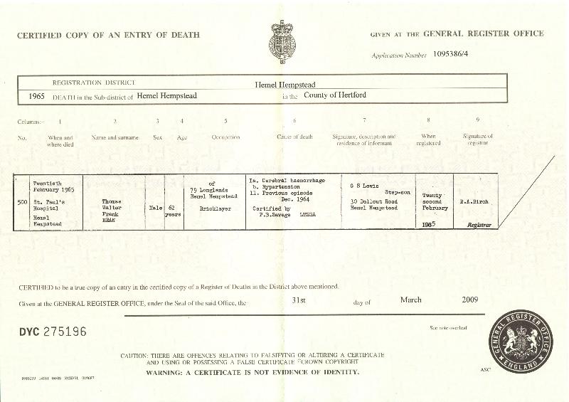 Bean (Thomas Walter Frank) 1965 Death Certificate